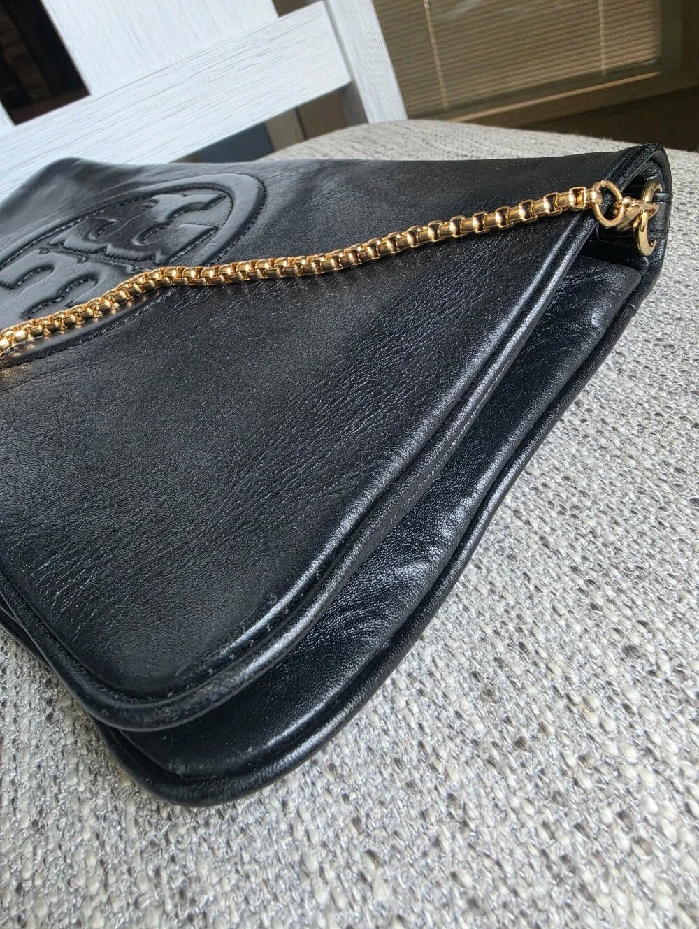 Tory Burch Black Leather Logo Chain Clutch
